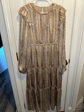 Gold Paisley Tiered Maxi Dress with Ruffle Shoulders